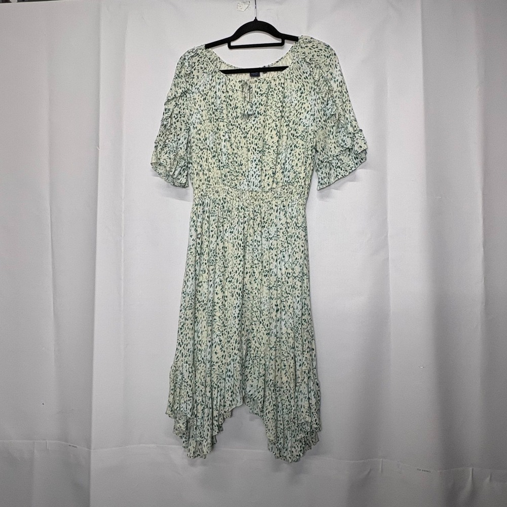 Kaari Blue Women's Dress L Leopard Print Ruffle Detail Tie Neck Handkerchief Hem